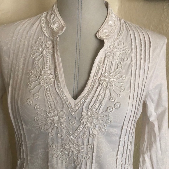 Lilly Pulitzer Sarasota White Beaded Pleated Patterned Tunic Top XS Blouse - Picture 8 of 16